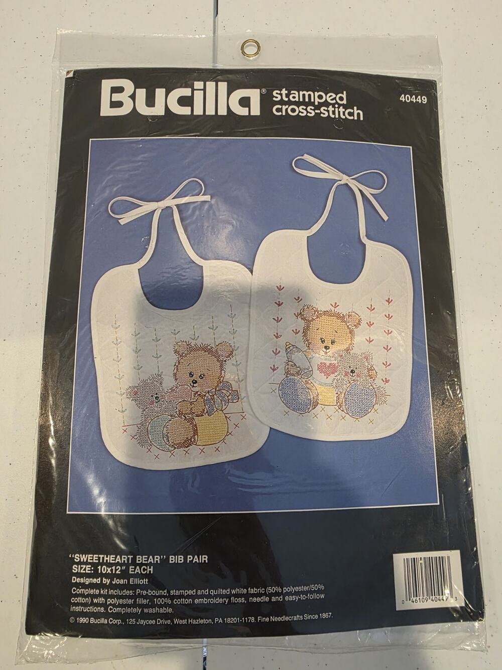 Bucilla Cross-Stitch Bib Kit 40449 Sweetheart Bear Pair 1990 Sealed Vintage